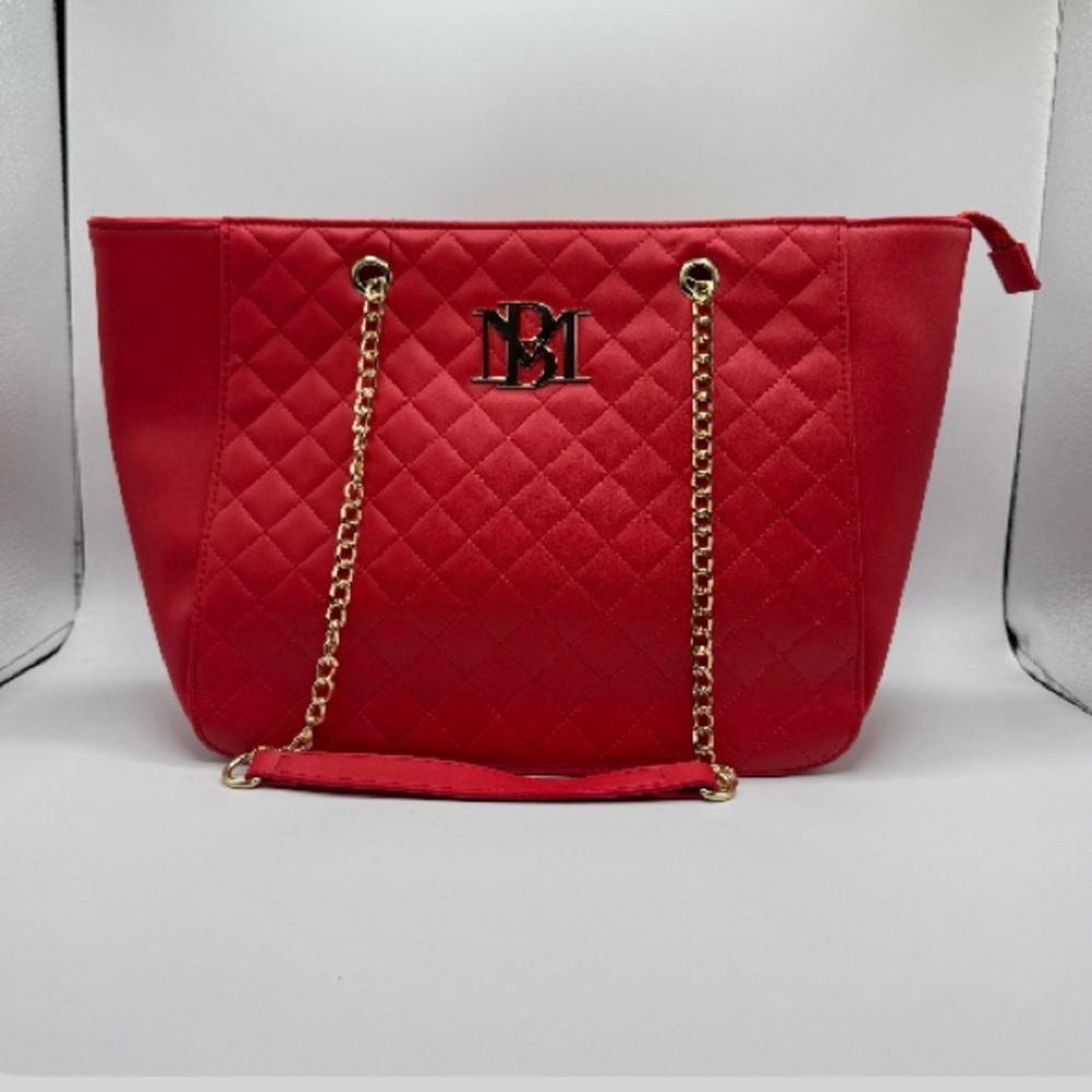 Badgley Mischka Red Quilted Tote with Gold Chain
